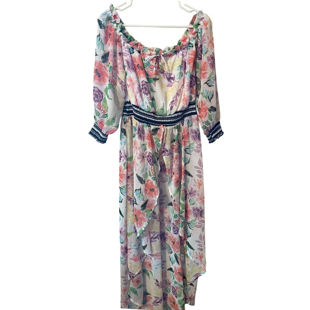 New York & Co Floral Maxi Lgth Blouse High Low Chiffon Sz M Fairy Cottage Beachy